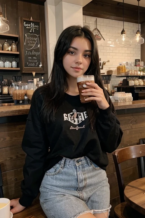 8k, beautiful, American, 20 years old, 1girl, sexy, black hair, drink cafe, cute