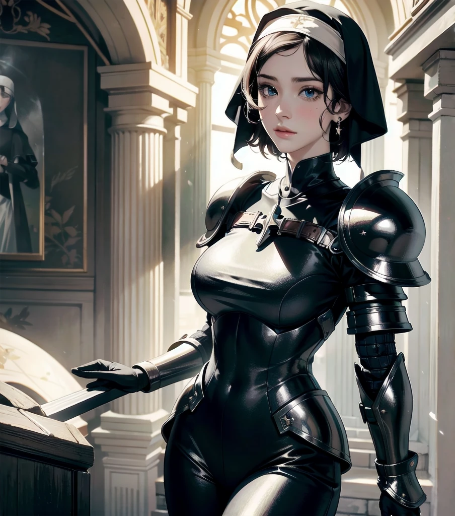 absurdres, RAW photo, extremely delicate and beautiful, masterpiece, Best Quality, ultra high resolution, 32k, hyperrealistic, ultra-detailed, detailed description, pale skin, 20 years old, detailed beautiful face and eyes, tearful mole, earring, very huge round breasts, short medium hair, wavy hair, (full body shot), alone, Mysterious nun, ((combat armor costume)), Weapons with a cross motif,