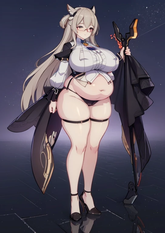 (masterpiece, best quality, highly detailed), 1girls, big belly, huge belly, art by kipteitei, round belly, chubby, curvy, belly grab, enormous belly, fat belly, thicc, bigger belly, really big belly, jiggly belly, glasses, tight breasts, long legs, tall, high heels, smug face, ((full body)), (dominant)