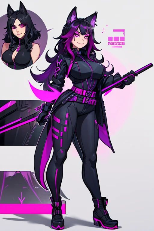 female, black long hair with magenta highlights, silver eyes, black wolf ears, black wolf tail (((1girl))), (((Black Widow outfit with magenta trim))), (black pants), (black gloves), (black tactical belt), (black boots), cute and sexy, full body, large breasts, large butt, long legs, smiling