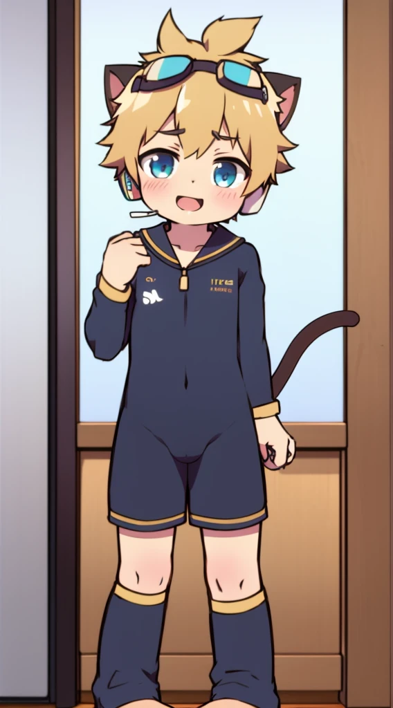 2D Boy Shota，One-piece wetsuit，Slim, healthy body，Put the headphones on your head，stand up，goggles，Cat ear，happy，Sailor collar，Lovely，Love，Short sleeve