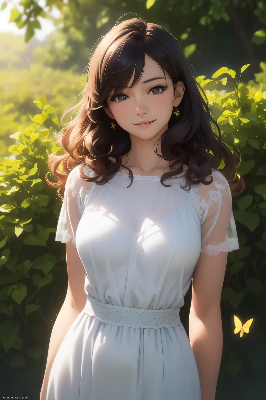 (highres,masterpiece:1.2),ultra-detailed,(realistic,photorealistic,photo-realistic:1.37),A beautiful girl in a garden,golden sunlight,soft breeze,happiness,peaceful atmosphere,dainty flowers,butterflies fluttering,green grass,serene expression,warm colors,dreamy style,sparkling eyes,curly hair,flowing dress,morning dew,fresh air,lively nature,innocent smile,gentle posture,sunlit background,warmth and tranquility,subtle shadows,harmonious composition,impressive details,imagination at its best.