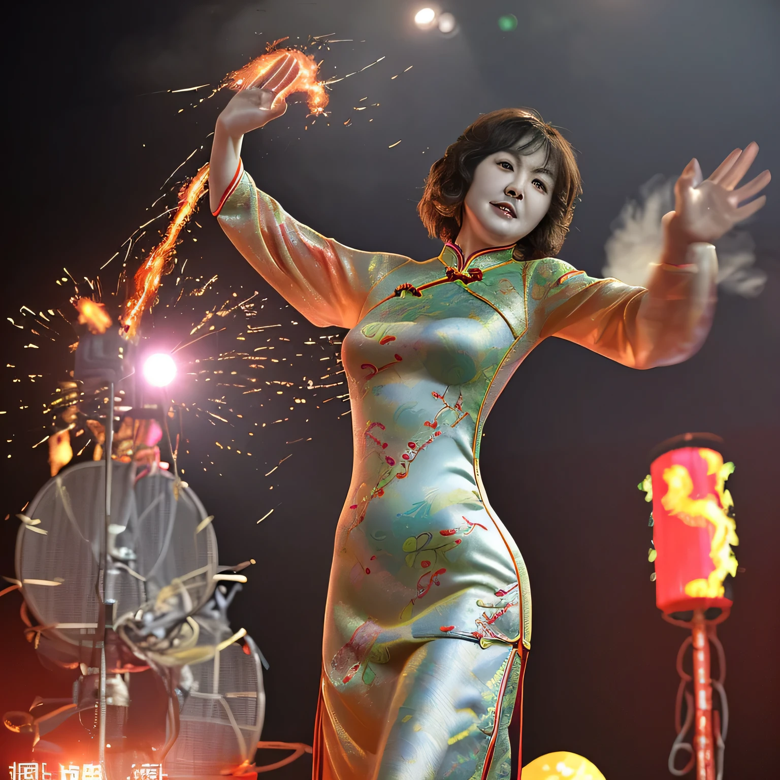 masterpiece, best quality,Forty-year-old aunt,Wearing cheongsam,Slim and graceful,Flaming Lips