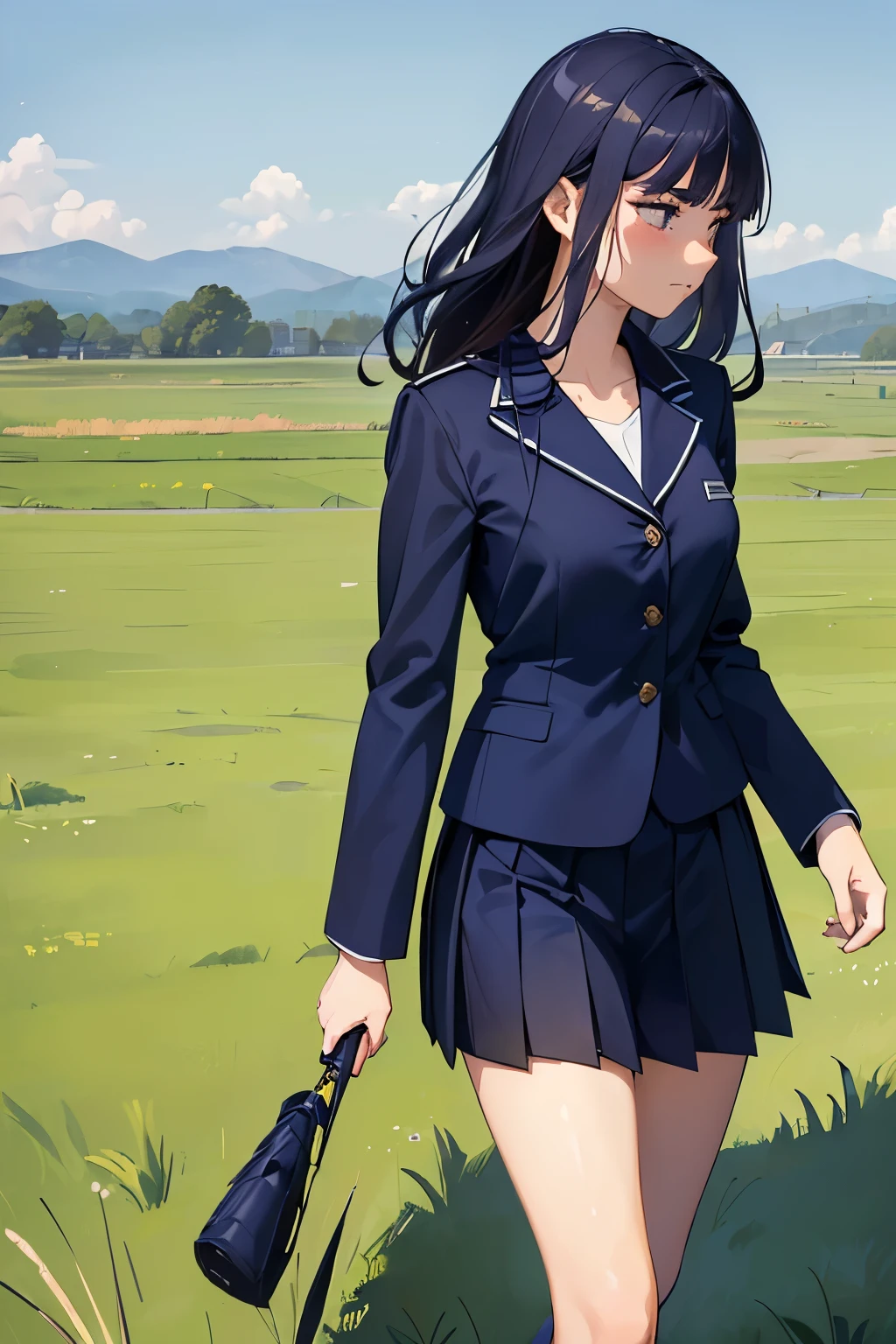 ((best quality)), ((masterpiece)), ((detailed)), (((perfect face))), (((16yo girl in navy blue suit, pleated skirt))), (((sad))), (((grass field))), (((walking))), (((looking away)))