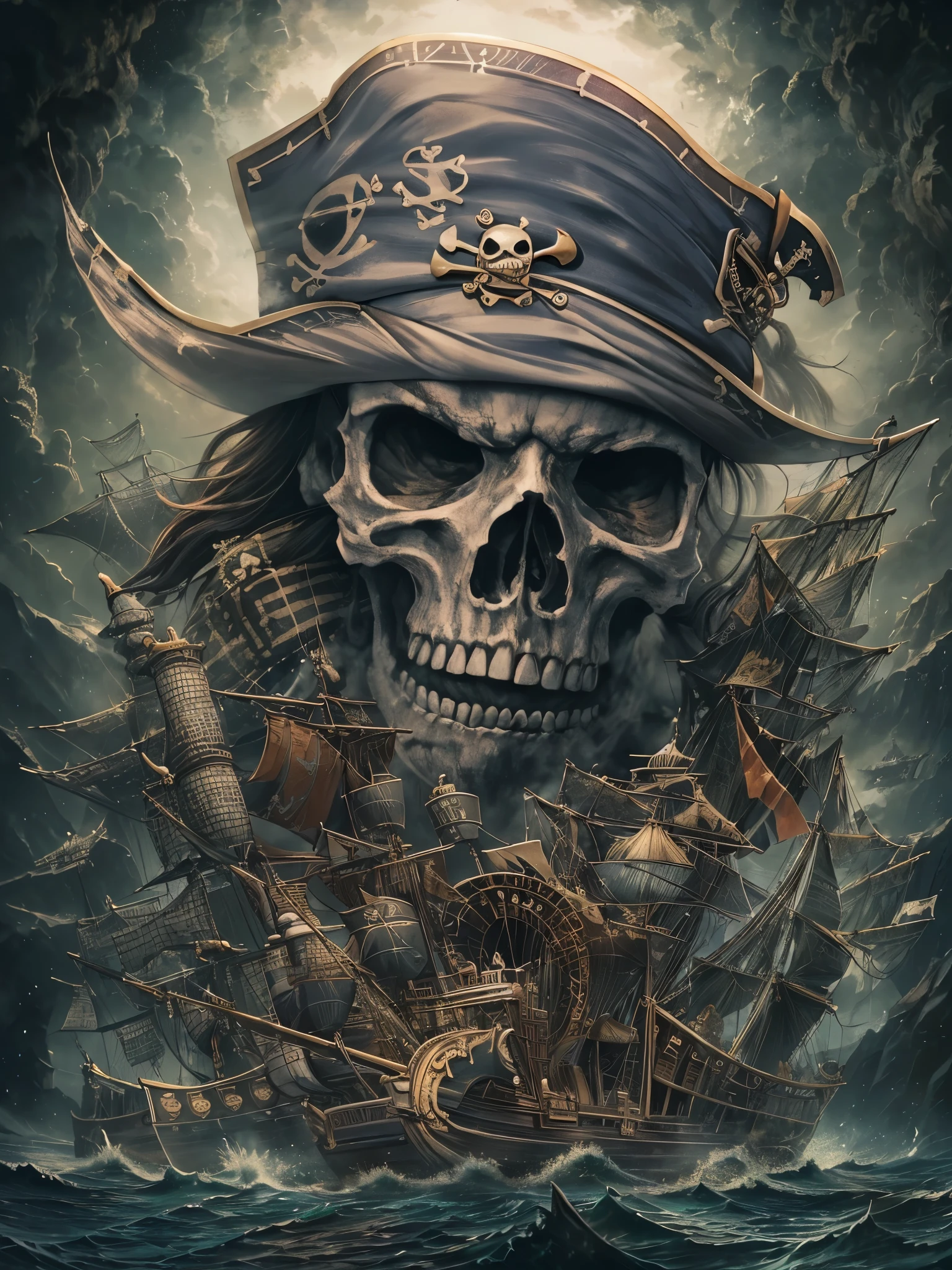 ((highest quality)),(Ultra-high resolution),(Very detailed),(Detailed Description),((The best CG)),(A masterpiece),Ultra-detailed art,Amazing drawing art,(Fantasy art with intricate detail:1.5), (Female pirate:1.5). Skull Flag