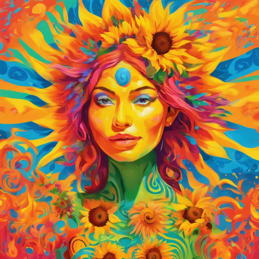 woman、body paint、Summer colors、Sun and Sunflowers