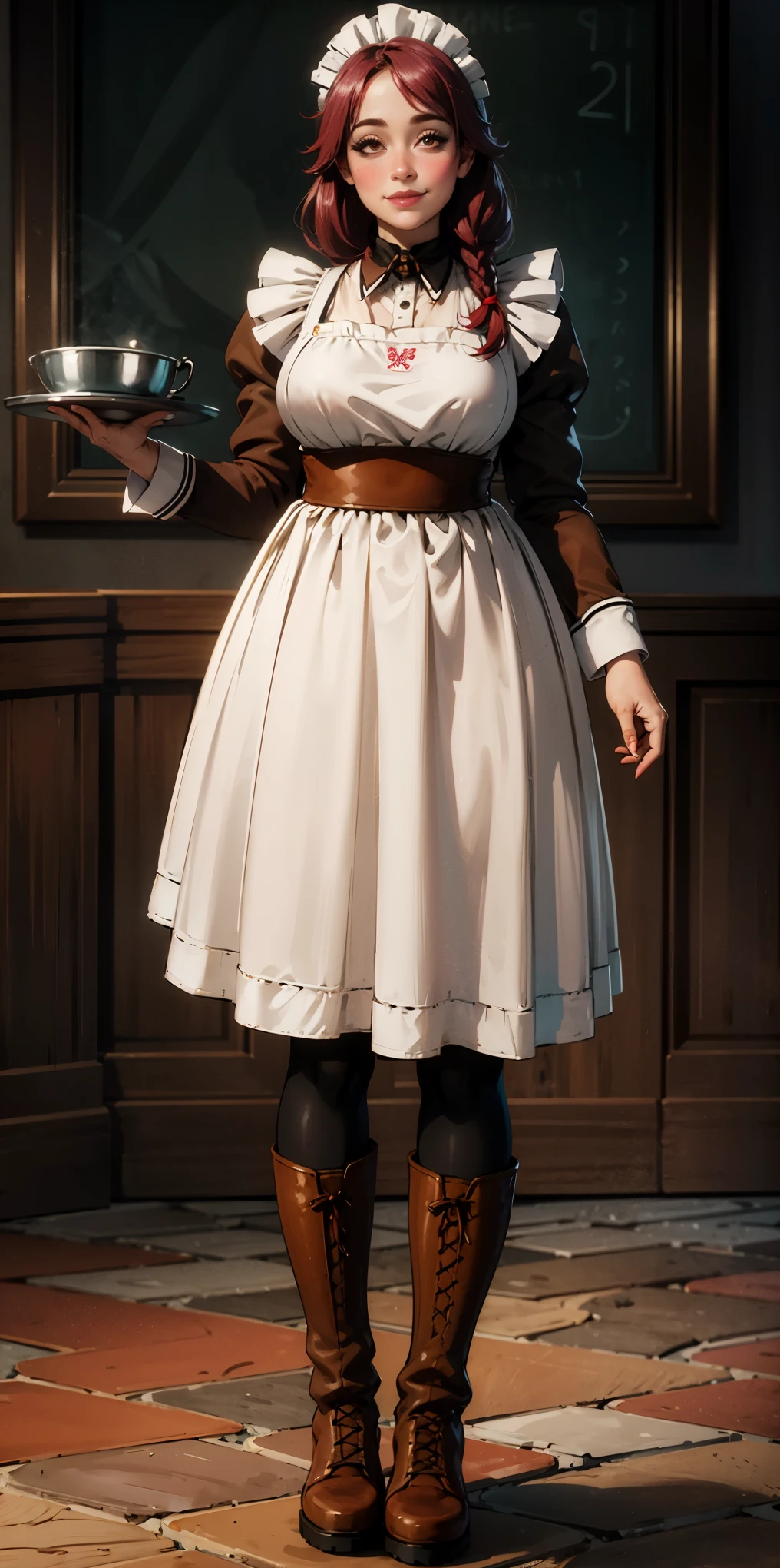 full body standing straight symmetrical, lustful smirking smile face red blush red cheeks, looking at viewer, holding tray, braid, maid headdress, maid, dress, apron, long sleeves, brown pantyhose, long leather militar boots, thighs, long white hair, masterpiece