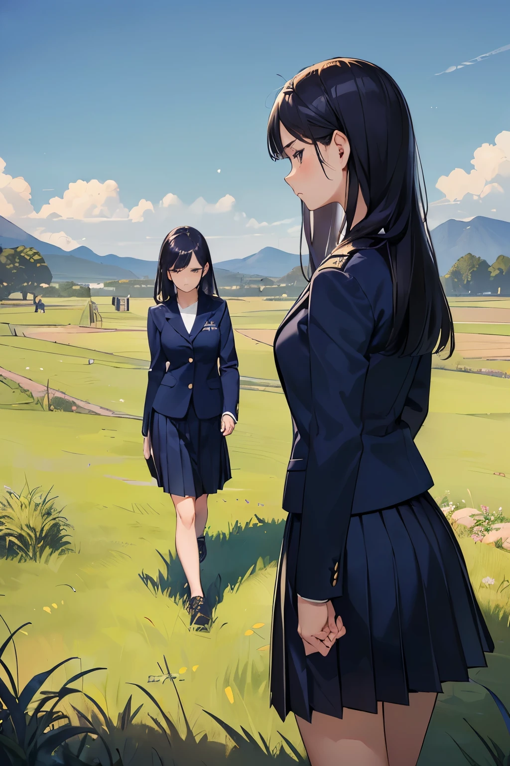 ((best quality)), ((masterpiece)), ((detailed)), (((perfect face))), (((16yo girl in navy blue suit, pleated skirt))), (((sad))), (((grass field))), (((walking))), (((looking away)))