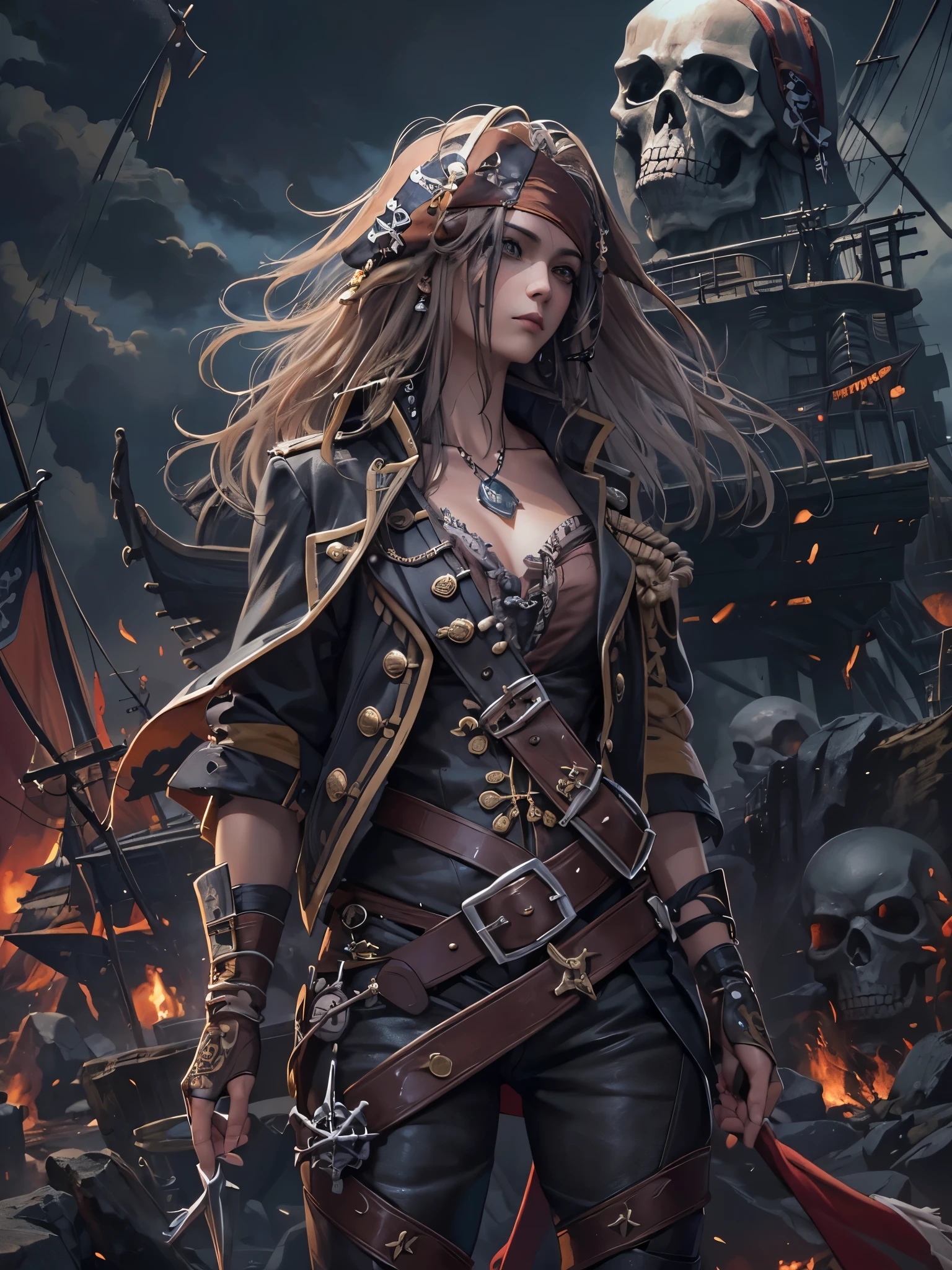 ((highest quality)),(Ultra-high resolution),(Very detailed),(Detailed Description),((The best CG)),(A masterpiece),Ultra-detailed art,Amazing drawing art,(Fantasy art with intricate detail:1.5), (Female pirate:1.5). Skull Flag