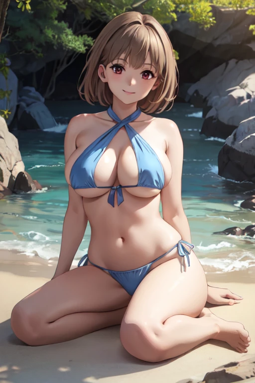 masterpiece, best quality, ultra detailed, highres, extremely detailed CG unity 8k wallpaper, perfect lighting, very detailed background, Outdoor、beautiful and aesthetic,sharp focus, perfect face, Perfect hands、Perfect Fingers、Perfect toes、Five fingers、
1lady、 smiling、
short light brown hair, large red eyes、delicate oval face、(large breasts:1.3)、Underlim figure、underboob、
light blue Tie-side bikini、Seaside、
thin thong、barefoot、kneeing
Ambient light、Volumetric Light、shoot from side、(Glowing Skin:1.3)