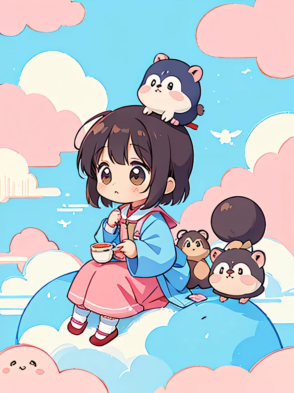 Momoko Sakura style, Kawaii Design, The most beautiful girl of all time、Chibi、(((sitting on the Clouds)))、Lots of animals, monkey, Raccoon、pig、birdie