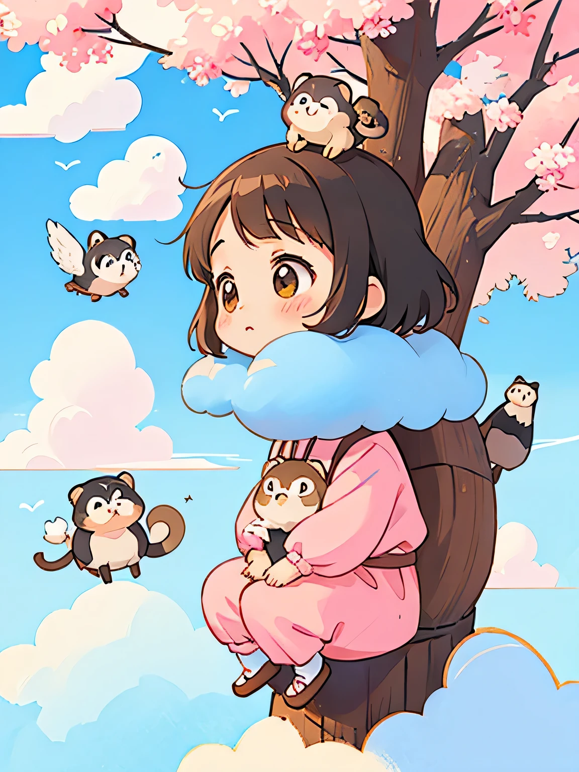 Momoko Sakura style, Kawaii Design, The most beautiful girl of all time、Chibi、(((sitting on the Clouds)))、Lots of animals, monkey, Raccoon、pig、birdie