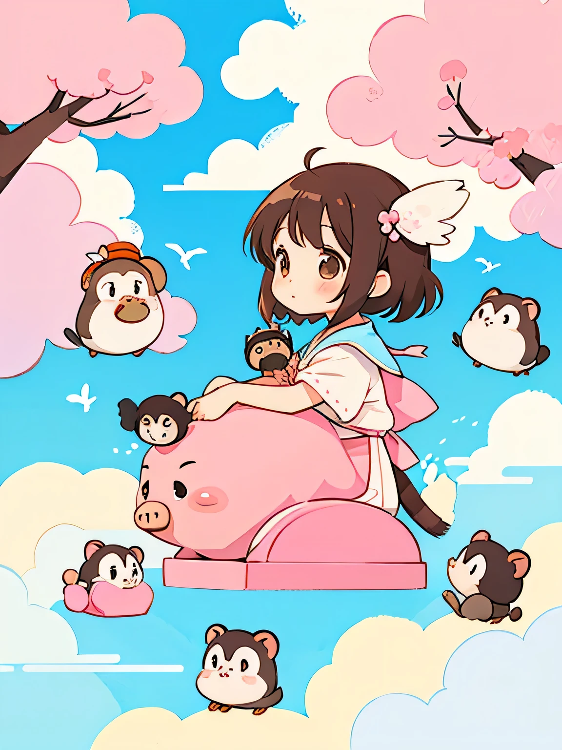 Momoko Sakura style, Kawaii Design, The most beautiful girl of all time、Chibi、(((sitting on the Clouds)))、Lots of animals, monkey, Raccoon、pig、birdie
