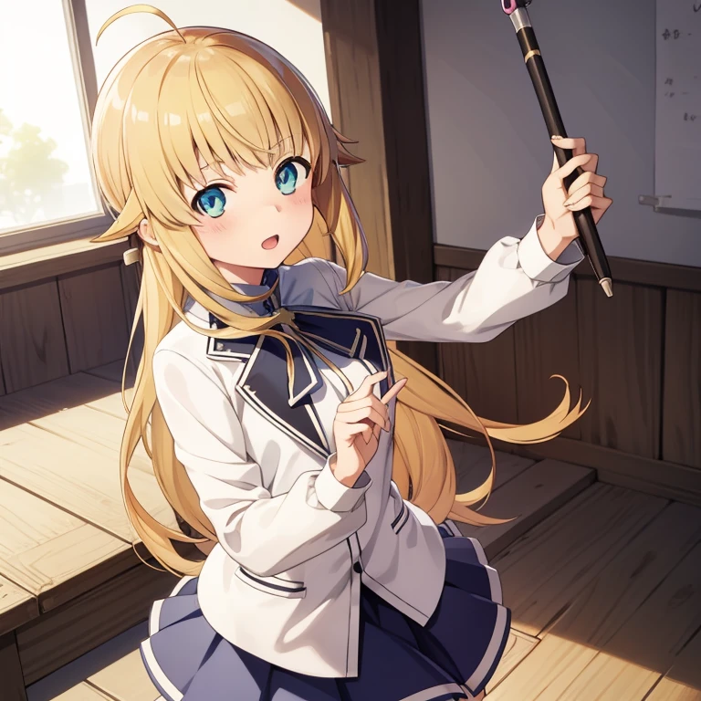 norn,uniform,skirt,Magic School,Eyes are hearts,Long Hair,bag,Cute pose,anime,1girls,solo,classroom,Magic wand