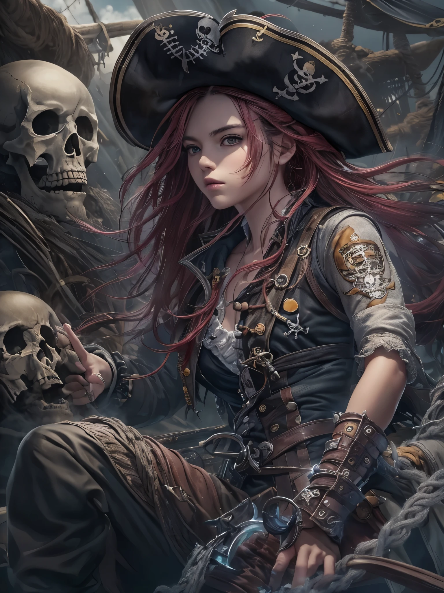 pirate woman holding a skull head in her hands, sexy sensual