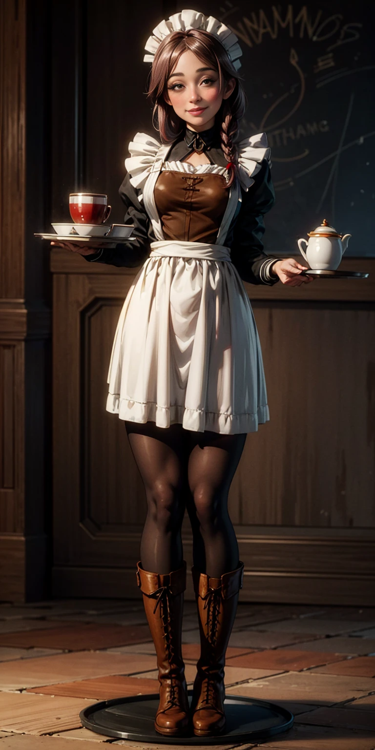 full body standing straight symmetrical, lustful smirking smile face red blush red cheeks, looking at viewer, holding tray, braid, maid headdress, maid, dress, apron, long sleeves, brown pantyhose, long leather militar boots, thighs, long white hair, masterpiece