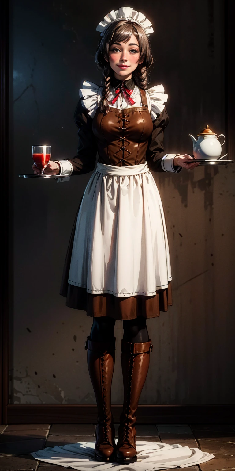 full body standing straight symmetrical, lustful smirking smile face red blush red cheeks, looking at viewer, holding tray, braid, maid headdress, maid, dress, apron, long sleeves, brown pantyhose, long leather militar boots, thighs, long white hair, masterpice
