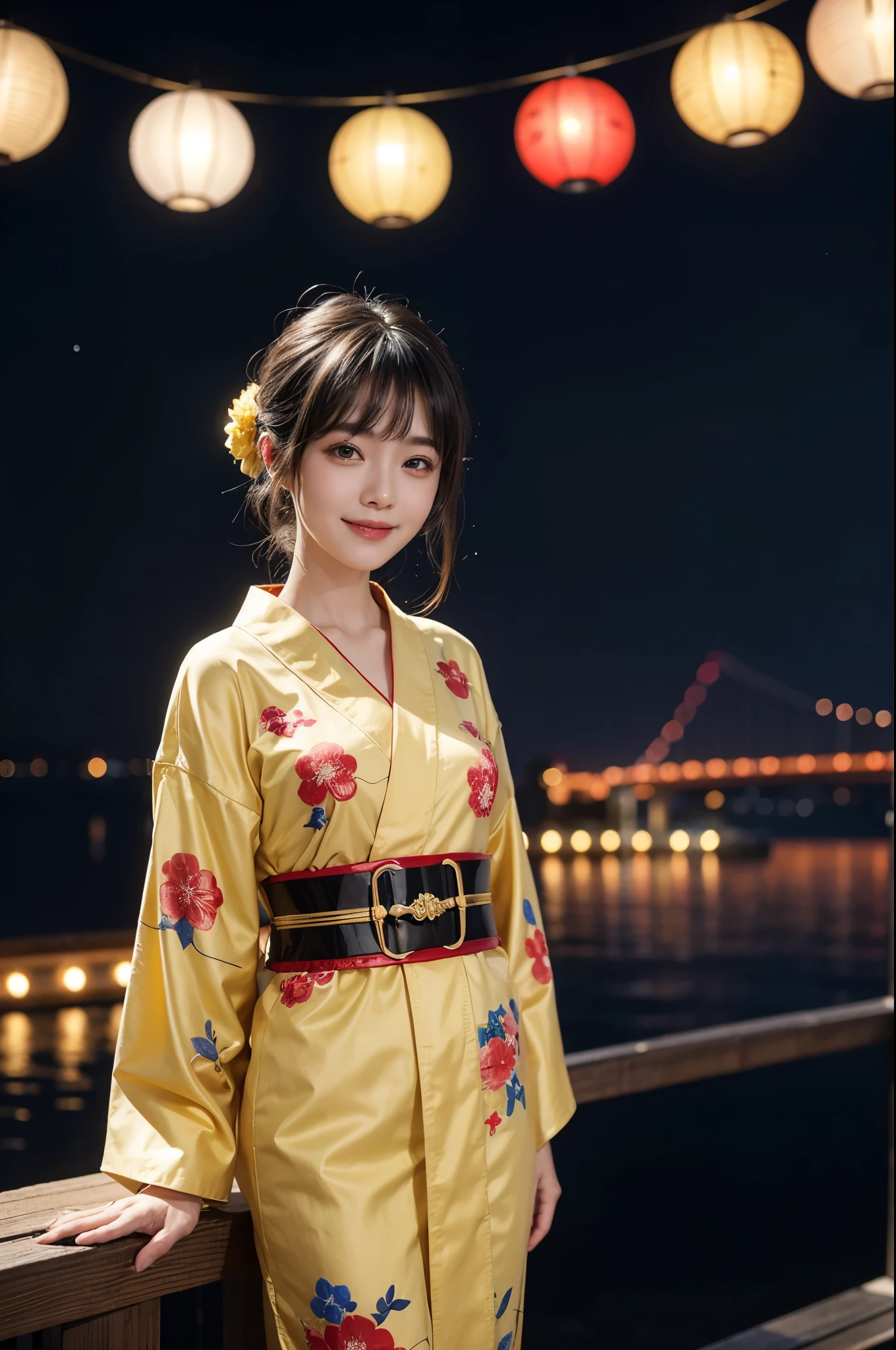 night、A glamorous atmosphere、firework、A dull yellow yukata、Red wide belt、Cotton kimono、（night景、night、smile）、night空、bangs、No makeup、（masterpiece、8K,RAW Photos、High resolution:1.4）、The girl&#39;s calm expression is enhanced by her soft look.。 Using the Canon EOS R6 Mark II with the Sigma 50mm f/1.4 DG HSM Art Lens、シーンのあらゆるニュアンスがHigh resolutionでキャプチャされます。