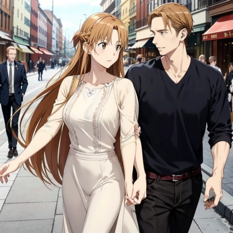 ((highest quality)), ((masterpiece)), (detailed), Perfect Face、Yuuki Asuna、(The woman is a brown-haired Japanese)、(A woman happily walks through the city with a white man)、A white man successfully picks up a woman and walks happily with her around town、((The white man is well-built and has a strong body.))、The woman is dressed casually、Man dressed casually、Caucasian man and woman have fun expressions
