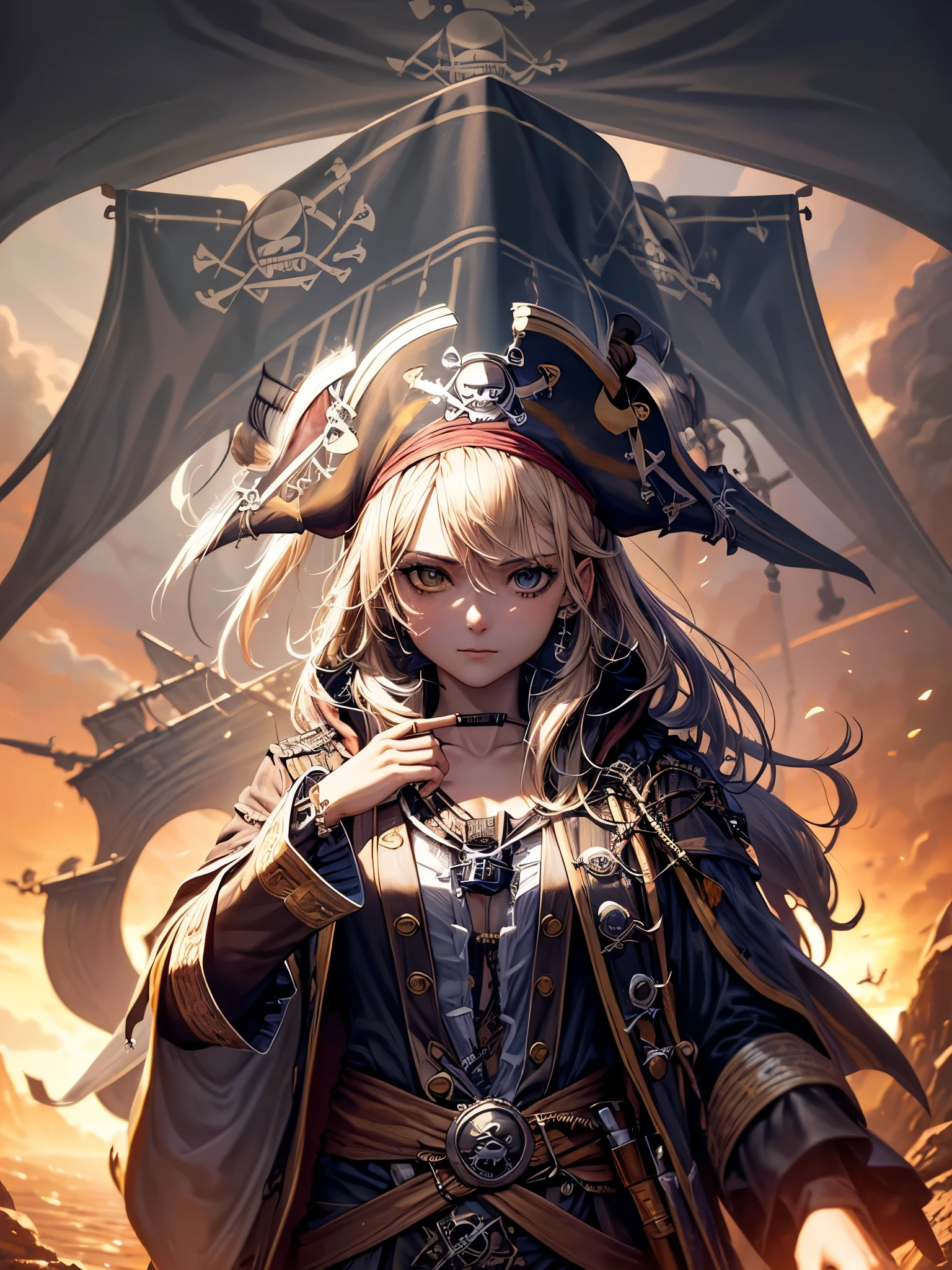 ((highest quality)),(Ultra-high resolution),(Very detailed),(Detailed Description),((The best CG)),(A masterpiece),Ultra-detailed art,Amazing drawing art,(Fantasy art with intricate detail:1.5), (Female pirate:1.5). Skull Flag