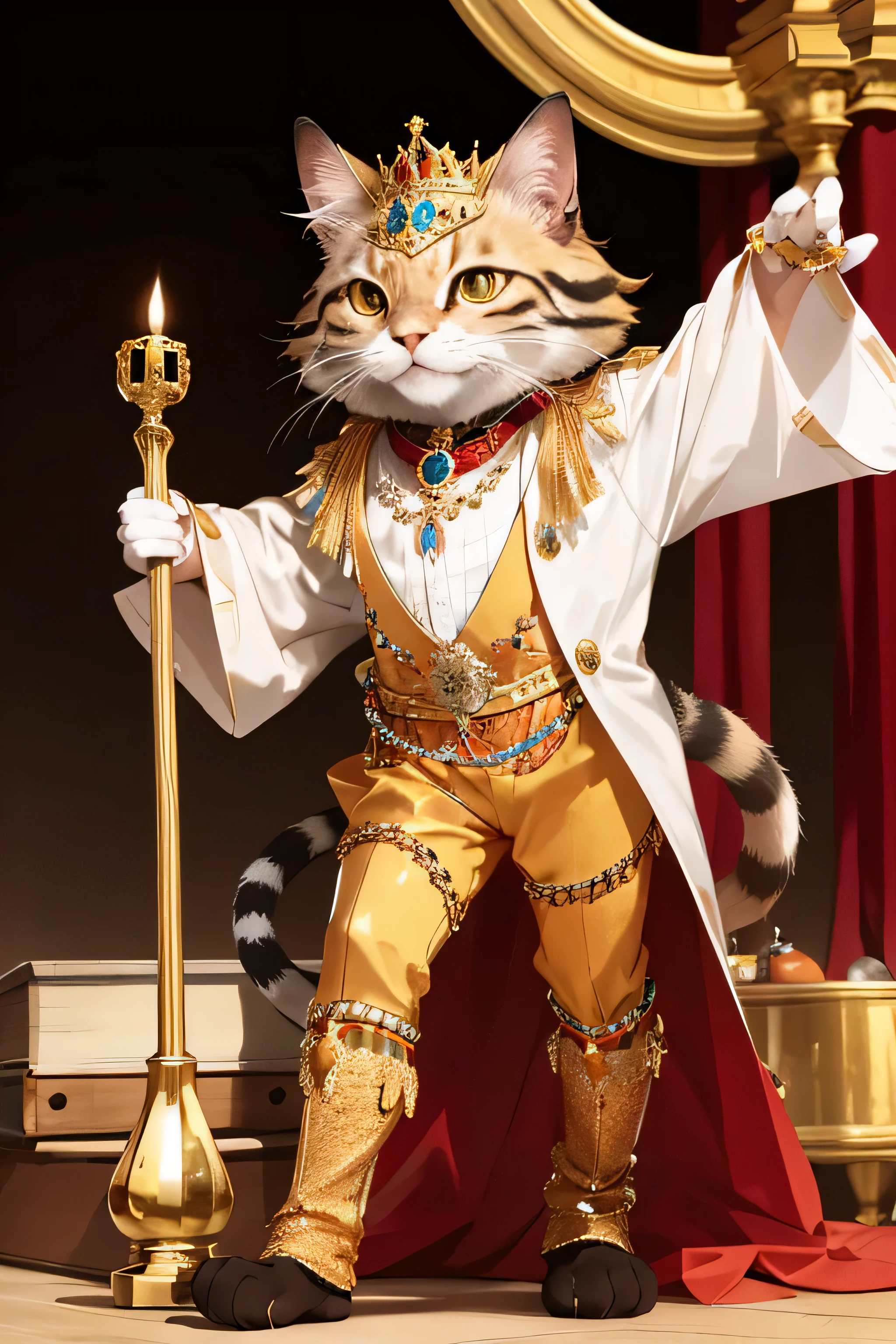 The king's cat with lot of jewels is standing