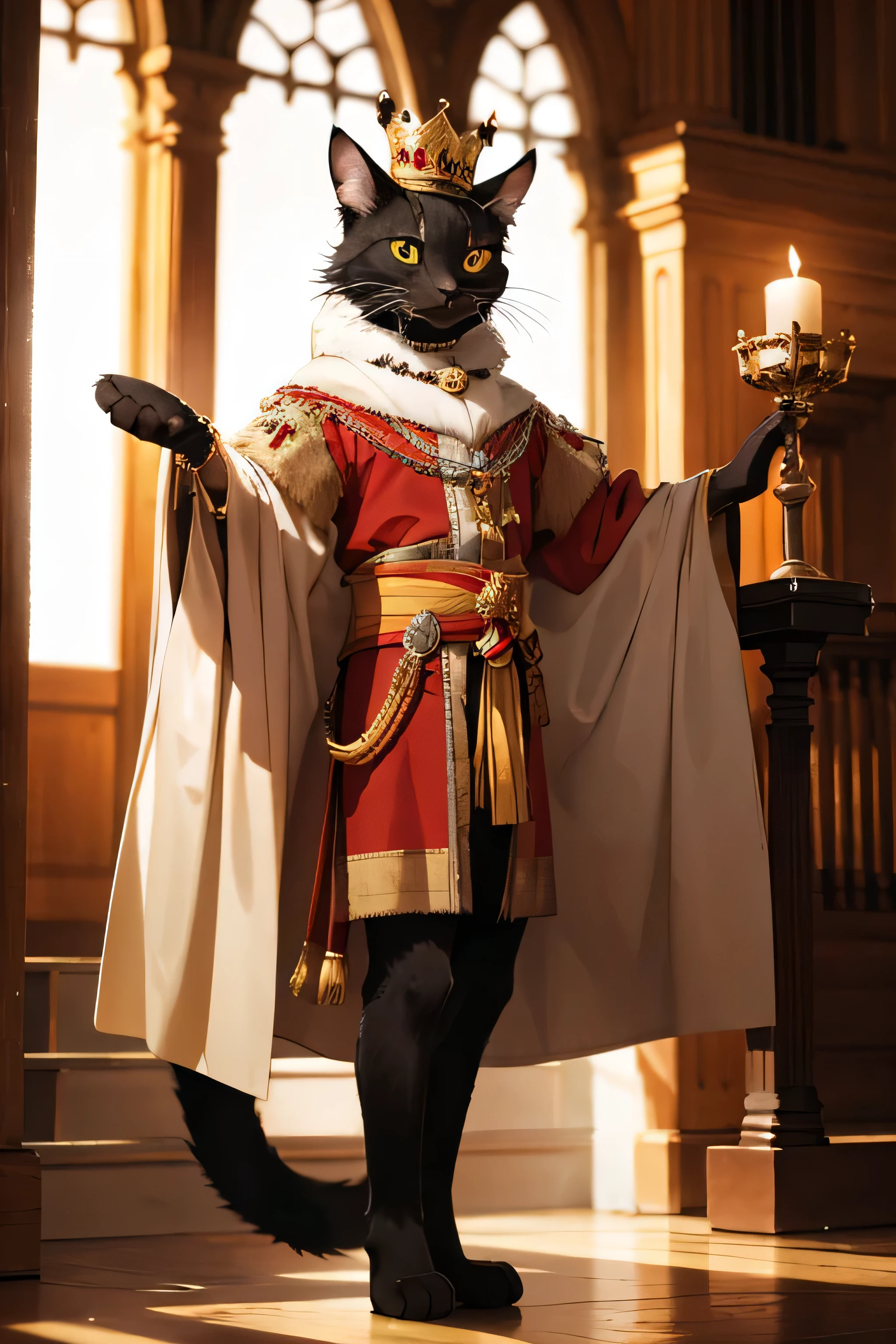 The king's cat with lot of jewels is standing 