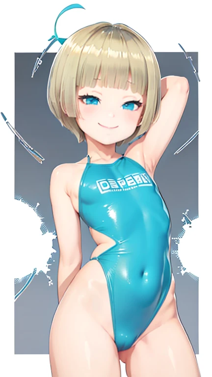 Blonde hair, short mash hair, turquoise eyes,A girl with impressive blonde hair、hair ornaments、short bob、hot pants、smile、dynamic pose, Pink bondage suit, mocking smile