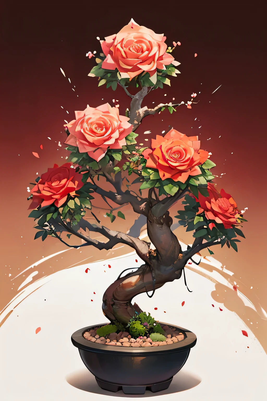 Create a desert rose with this giant tuber style bonsai full of roses. The flower is adenium. Desert Background