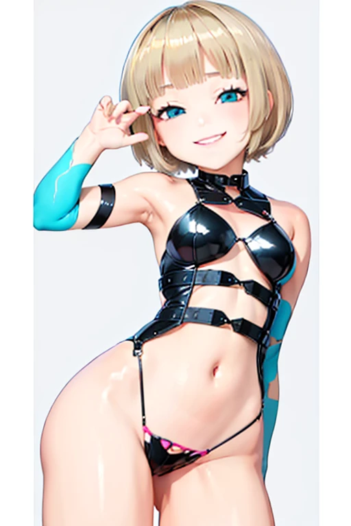 Blonde hair, short mash hair, turquoise eyes,A girl with impressive blonde hair、hair ornaments、short bob、hot pants、smile、dynamic pose, Pink bondage suit, mocking smile