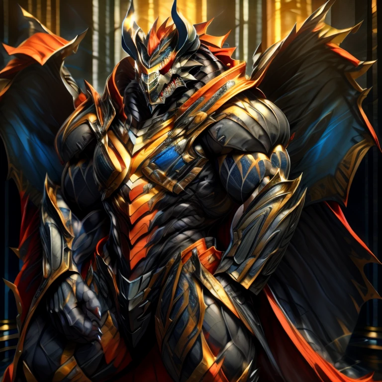 demon lord dragon batzz,  (masterpiece, best quality, detailed:1.2) full body, detailed full body, a knight's mechanical armor, glowing wide and heavy armor, wears full body armor. massive muscles, huge pecs, chiseled abs, huge pectorals, exaggeratedly huge muscles. wearing a cloak. unusually developed muscular body big muscle, pecs, triceps, traps, waist narrow, unusually developed muscular body, The claws are sharp, Sharp teeth, Spread wings, It has wings. have big wings.