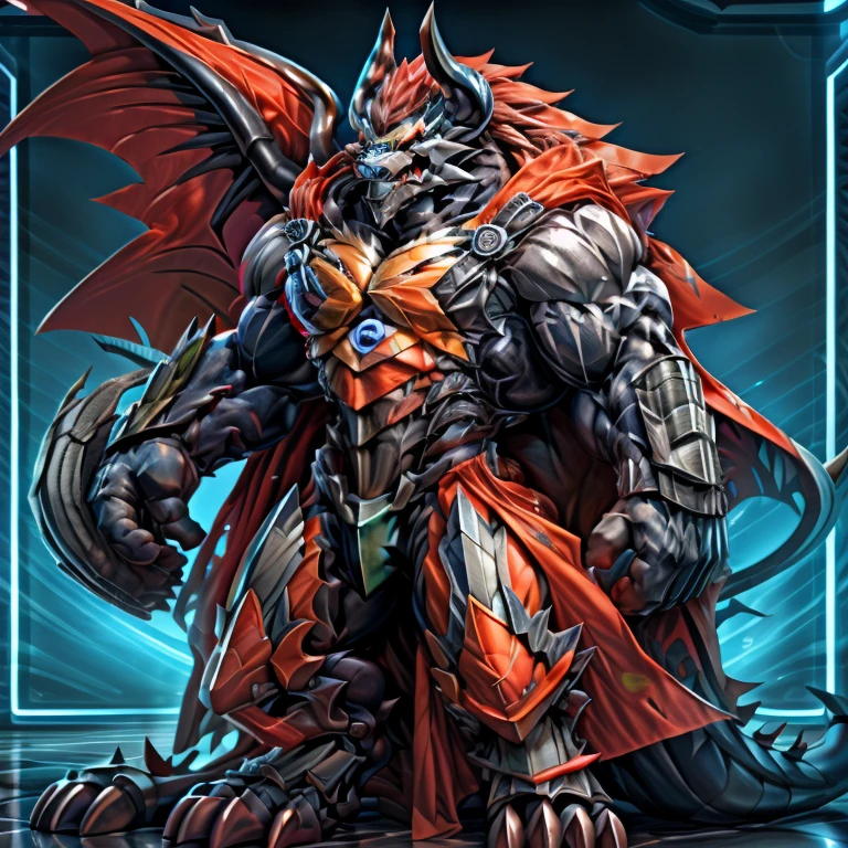 demon lord dragon batzz,  (masterpiece, best quality, detailed:1.2) full body, detailed full body, a knight's mechanical armor, glowing wide and heavy armor, wears full body armor. massive muscles, huge pecs, chiseled abs, huge pectorals, exaggeratedly huge muscles. wearing a cloak. unusually developed muscular body big muscle, pecs, triceps, traps, waist narrow, unusually developed muscular body, The claws are sharp, Sharp teeth, Spread wings, It has wings. have big wings.