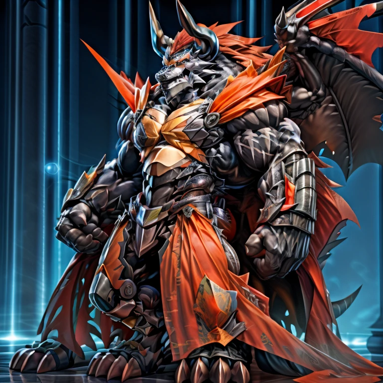 demon lord dragon batzz,  (masterpiece, best quality, detailed:1.2) full body, detailed full body, a knight's mechanical armor, glowing wide and heavy armor, wears full body armor. massive muscles, huge pecs, chiseled abs, huge pectorals, exaggeratedly huge muscles. wearing a cloak. unusually developed muscular body big muscle, pecs, triceps, traps, waist narrow, unusually developed muscular body, The claws are sharp, Sharp teeth, Spread wings, It has wings. have big wings.