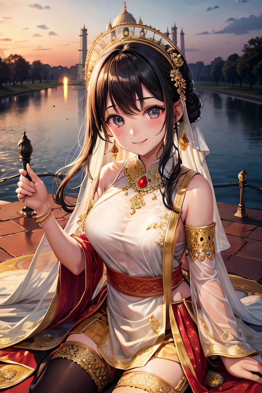 Hollow eyes、smile、India、Background Taj Mahal、National costume、
