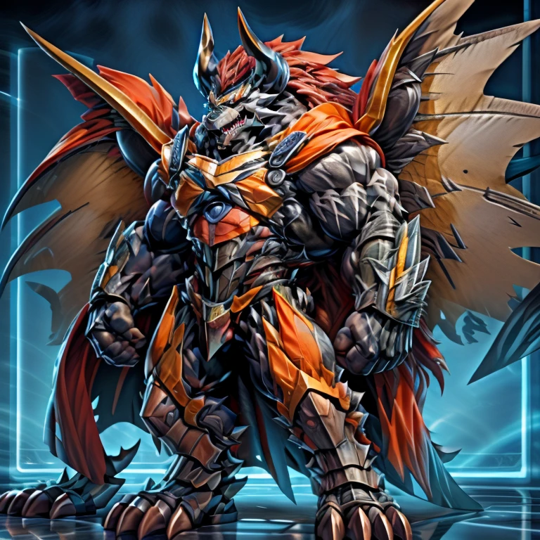 demon lord dragon batzz,  (masterpiece, best quality, detailed:1.2) full body, detailed full body, a knight's mechanical armor, glowing wide and heavy armor, wears full body armor. massive muscles, huge pecs, chiseled abs, huge pectorals, exaggeratedly huge muscles. wearing a cloak. unusually developed muscular body big muscle, pecs, triceps, traps, waist narrow, unusually developed muscular body, The claws are sharp, Sharp teeth, Spread wings, It has wings. have big wings.