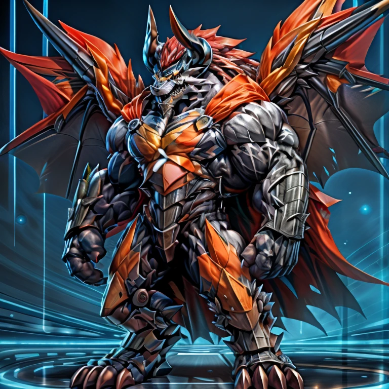 demon lord dragon batzz, (masterpiece, best quality, detailed:1.2) full body, detailed full body, a knight's mechanical armor, glowing wide and heavy armor, wears full body armor. massive muscles, huge pecs, chiseled abs, huge pectorals, exaggeratedly huge muscles. wearing a cloak. unusually developed muscular body big muscle, pecs, triceps, traps, waist narrow, unusually developed muscular body, The claws are sharp, Sharp teeth, Spread wings, It has wings. have big wings.