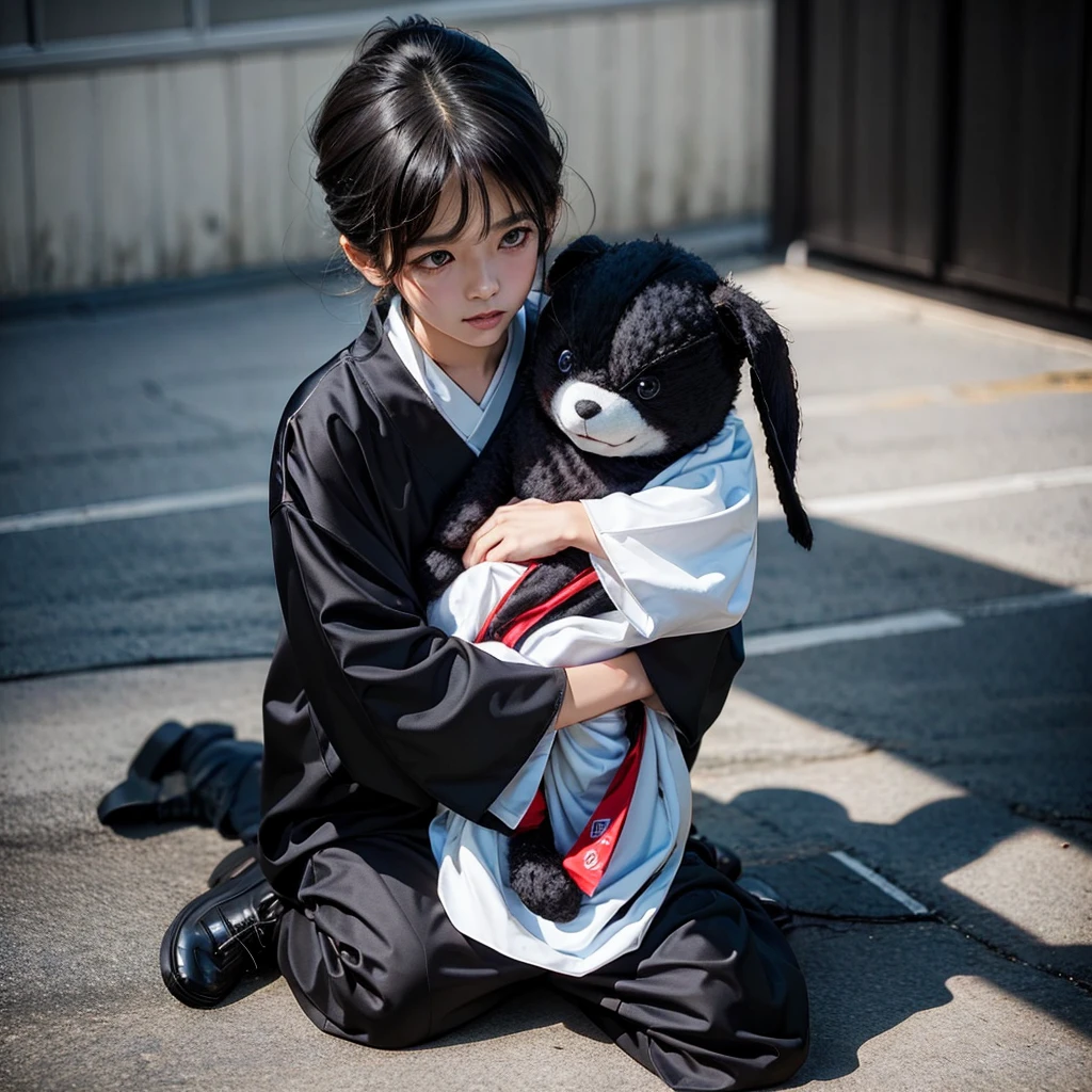asian girl with short black hair wearing japanese hugging stuffed animal outside school, best quality, ultra realistic, perfect body, beautiful face