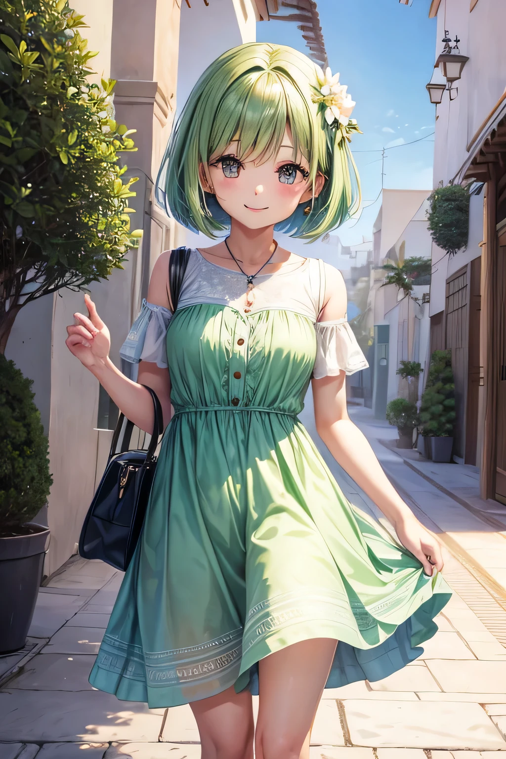 Hollow eyes、smile、The background is the Moroccan prairie、Short Bob、Pastel green dress