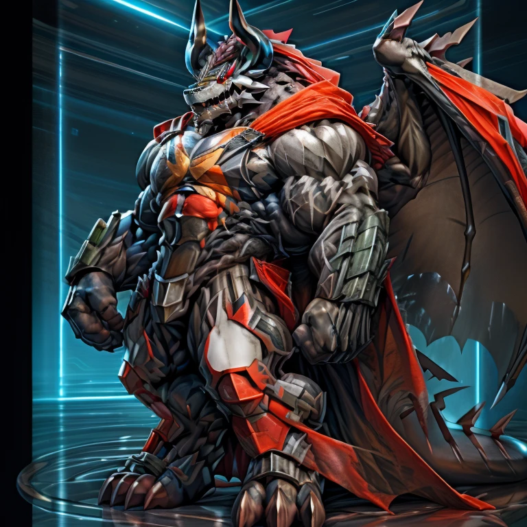 demon lord dragon batzz, (masterpiece, best quality, detailed:1.2) full body, detailed full body, a knight's mechanical armor, glowing wide and heavy armor, wears full body armor. massive muscles, huge pecs, chiseled abs, huge pectorals, exaggeratedly huge muscles. wearing a cloak. unusually developed muscular body big muscle, pecs, triceps, traps, waist narrow, unusually developed muscular body, The claws are sharp, Sharp teeth, Spread wings, It has wings. have big wings.