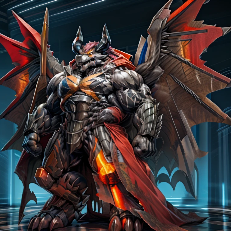 demon lord dragon batzz, (masterpiece, best quality, detailed:1.2) full body, detailed full body, a knight's mechanical armor, glowing wide and heavy armor, wears full body armor. massive muscles, huge pecs, chiseled abs, huge pectorals, exaggeratedly huge muscles. wearing a cloak. unusually developed muscular body big muscle, pecs, triceps, traps, waist narrow, unusually developed muscular body, The claws are sharp, Sharp teeth, Spread wings, It has wings. have big wings.