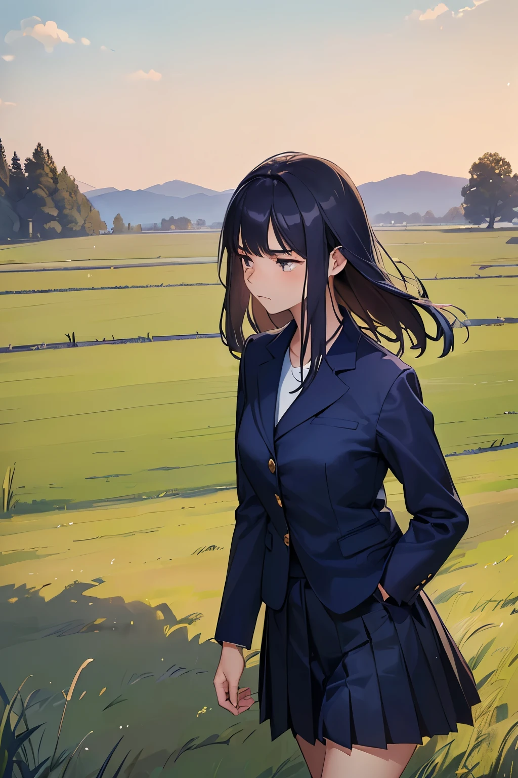 ((best quality)), ((masterpiece)), ((detailed)), (((perfect face))), ((( girl in navy blue suit, pleated skirt))), (((sad))), (((grass field))), (((walking))), (((looking away)))