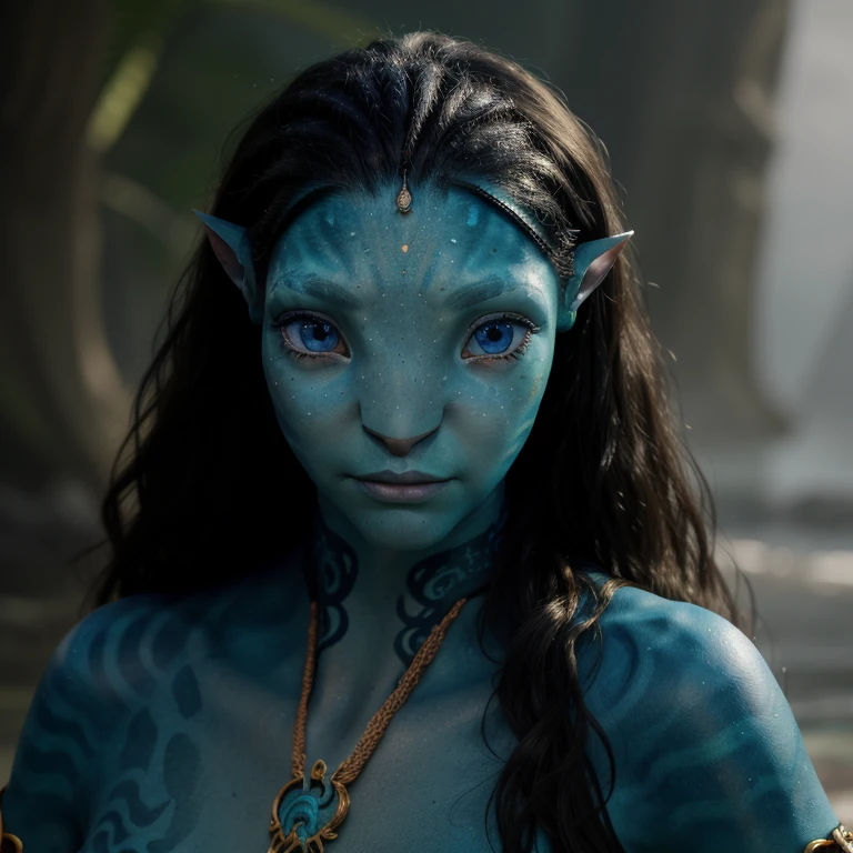 avtr:1.1, avatar style, portrait:1.6, 1girl, female, (AvTsireya), (blue skin tone:1.0), (long curly hair:1.0), black hair color, blue eyes, (young adult), 18 years old:1, face wrinkles, wearing tribal clothing, detailed eyes, toned body, muscled body, vibrant colors, glowing, ethereal atmosphere, surrealistic dreamy lighting, textured skin, otherworldly beauty, mesmerizing photography, (best quality, highres), vivid colors, ultrarealistic, skin details, striped skin, sfw, face close-up:0.5, ultradetailed body