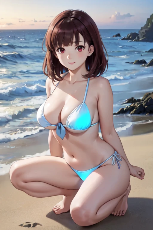 masterpiece, best quality, ultra detailed, highres, extremely detailed CG unity 8k wallpaper, perfect lighting,  very detailed background, Outdoor、beautiful and aesthetic,sharp focus, perfect face, Perfect hands、Perfect Fingers、Perfect toes、Five fingers、
1lady、 smiling、
short light brown hair, large red eyes、delicate oval face、(large breasts:1.1)、Underlim figure、underboob、
light blue Tie-side bikini、Seaside、
thin thong、barefoot、kneeing
Ambient light、Volumetric Light、shoot from side、(Glowing Skin:1.3)