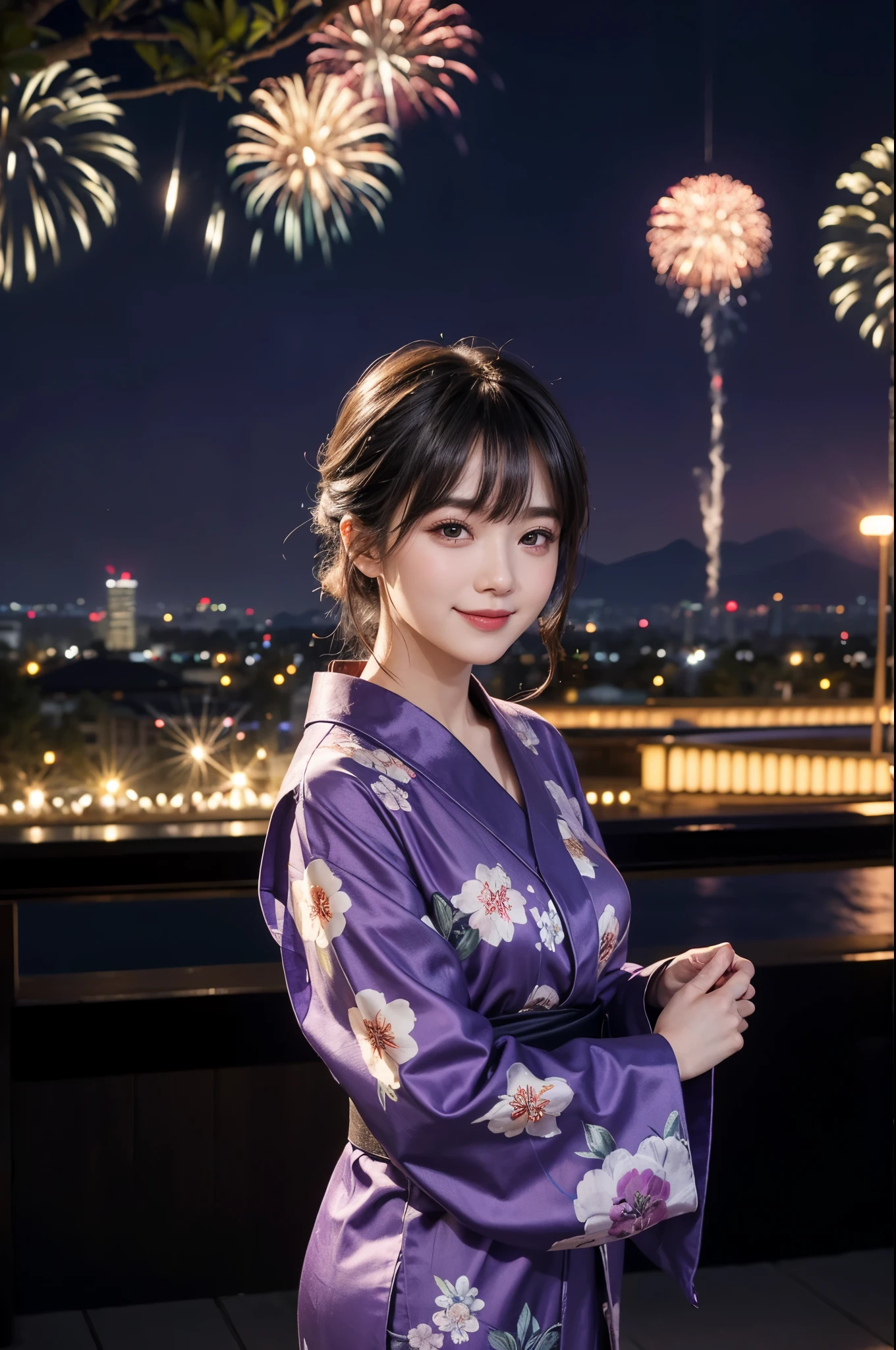 night、A glamorous atmosphere、firework、Matte fabric、A purple yukata with a large floral pattern、Cotton kimono、Stylish (night景、night、smile)、night空、bangs、No makeup、(masterpiece、8K,RAW Photos、High resolution:1.4)、The girl's calm expression is enhanced by her soft look.。 Using the Canon EOS R6 Mark II with the Sigma 50mm f/1.4 DG HSM Art Lens、シーンのあらゆるニュアンスがHigh resolutionでキャプチャされます。