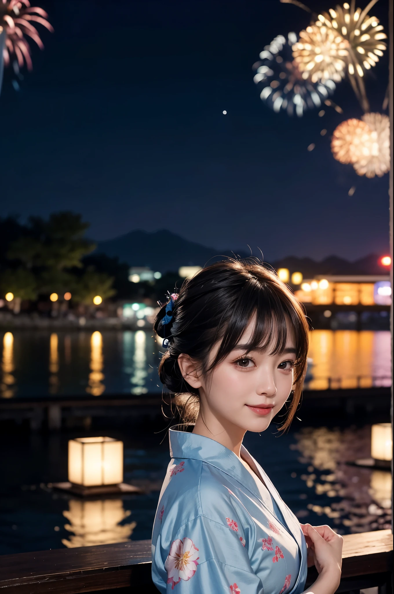 night、A glamorous atmosphere、firework、A matte light blue floral yukata、Cotton kimono、（night景、night、smile）、night空、bangs、No makeup、（masterpiece、8K,RAW Photos、High resolution:1.4）、The girl&#39;s calm expression is enhanced by her soft look.。 Using the Canon EOS R6 Mark II with the Sigma 50mm f/1.4 DG HSM Art Lens、シーンのあらゆるニュアンスがHigh resolutionでキャプチャされます。