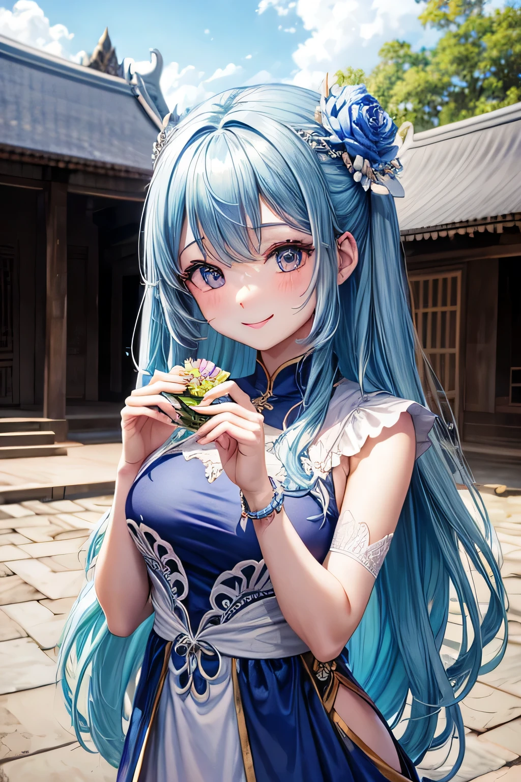 Hollow eyes、One Length、Cambodia、National costume blue、Background Angkor Wat、smile、Pastel Theme