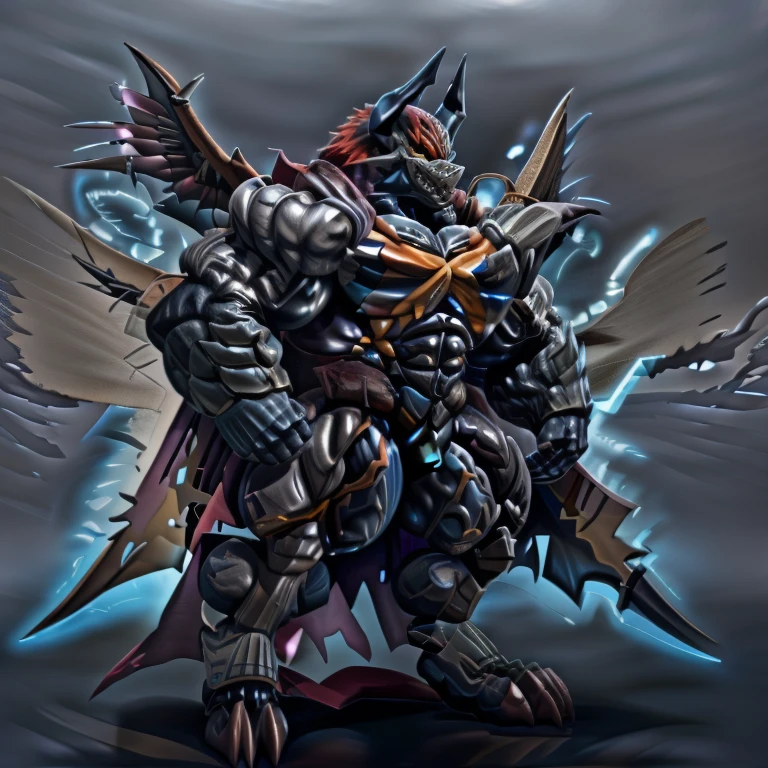 demon lord dragon batzz,  (masterpiece, best quality, detailed:1.2) full body, detailed full body, a knight's mechanical armor, glowing wide and heavy armor, wears full body armor. massive muscles, huge pecs, chiseled abs, huge pectorals, exaggeratedly huge muscles. wearing a cloak. unusually developed muscular body big muscle, pecs, triceps, traps, waist narrow, unusually developed muscular body, The claws are sharp, Sharp teeth, Spread wings, It has wings. have big wings.