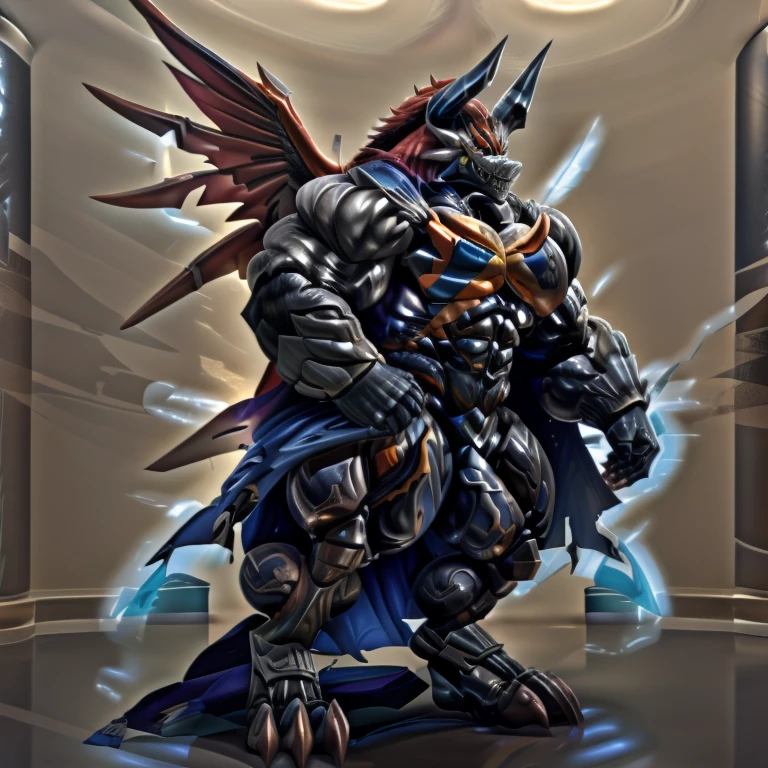 demon lord dragon batzz,  (masterpiece, best quality, detailed:1.2) full body, detailed full body, a knight's mechanical armor, glowing wide and heavy armor, wears full body armor. massive muscles, huge pecs, chiseled abs, huge pectorals, exaggeratedly huge muscles. wearing a cloak. unusually developed muscular body big muscle, pecs, triceps, traps, waist narrow, unusually developed muscular body, The claws are sharp, Sharp teeth, Spread wings, It has wings. have big wings.