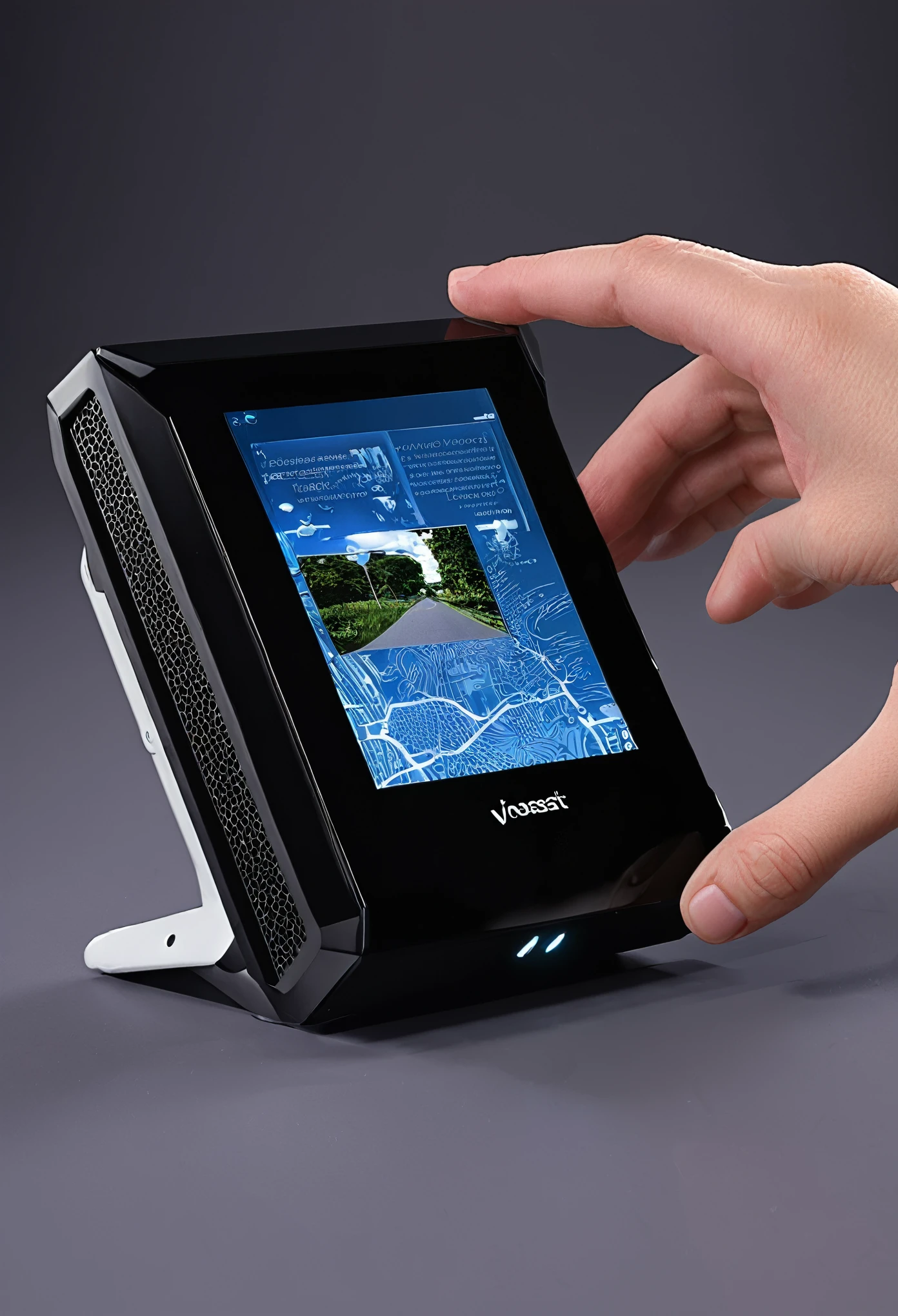 VisioAssist would be a compact portable device with an integrated touch screen and a high-resolution camera on the front. The touch screen would show the information displayed, such as the description of objects or text, and would also allow user interaction to enter commands or settings. The camera would be located on the front of the device and would have a discreet design so as not to draw too much attention.. The device itself would have an ergonomic and lightweight design to facilitate its transportation and daily use by people with visual disabilities..