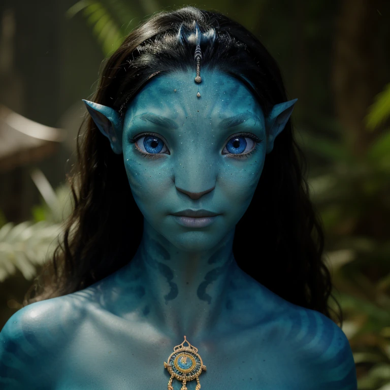 avtr:1.1, avatar style, portrait:1.6, 1girl, female, (AvTsireya), (blue skin tone:1.0), (long curly hair:1.0), black hair color, blue eyes, (young adult), 18 years old:1, face wrinkles, wearing tribal clothing, detailed eyes, toned body, muscled body, vibrant colors, glowing, ethereal atmosphere, surrealistic dreamy lighting, textured skin, otherworldly beauty, mesmerizing photography, (best quality, highres), vivid colors, ultrarealistic, skin details, striped skin, sfw, face close-up:0.7, ultradetailed body