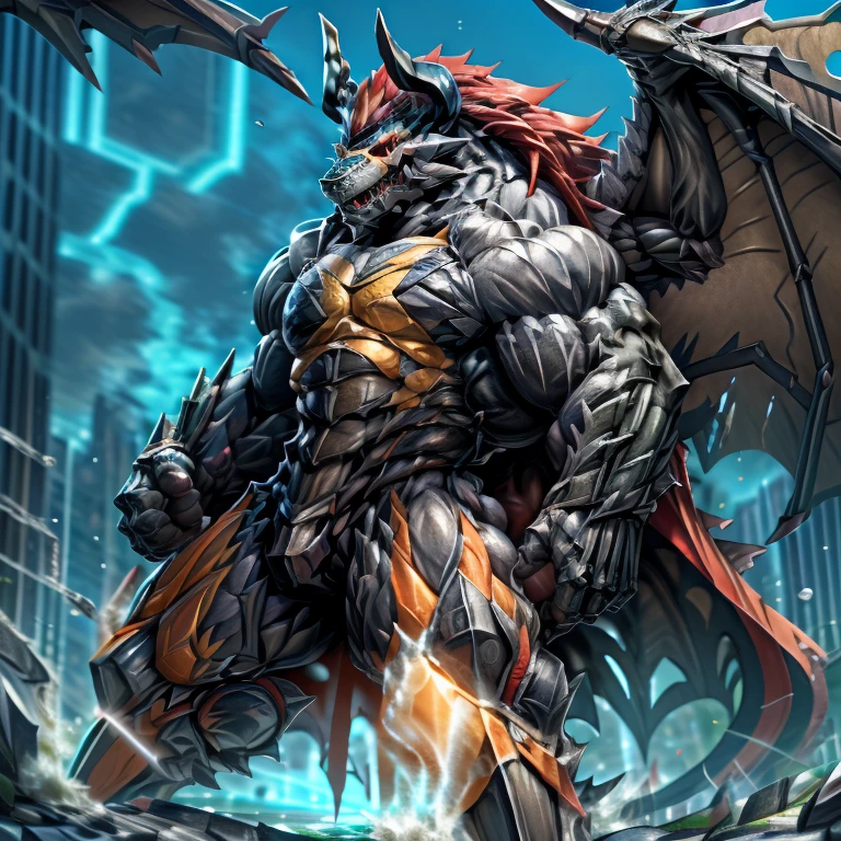 demon lord dragon batzz,  (masterpiece, best quality, detailed:1.2) full body, detailed full body, a knight's mechanical armor, glowing wide and heavy armor, wears full body armor. massive muscles, huge pecs, chiseled abs, huge pectorals, exaggeratedly huge muscles. wearing a cloak. unusually developed muscular body big muscle, pecs, triceps, traps, waist narrow, unusually developed muscular body, The claws are sharp, Sharp teeth, Spread wings, It has wings. have big wings.